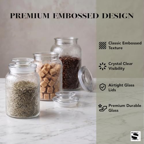Style Setter Canister Set 3-Piece Glass Jars in 34oz, 44oz & 54oz Retro Design Lids for Cookies, Candy, Coffee, Flour, Sugar, Rice, Pasta, Cereal & More