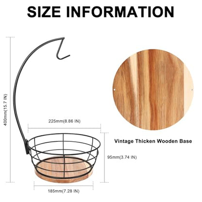 Countertop Fruit Basket Bowl with Banana Hanger, Modern Standing Fruit Vegetable Bowl Storage, with Banana Tree Holder for Kitchen Dinning Table (Round Wood, Black)