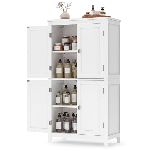 SONGMICS HOME Freestanding Storage Cabinet, Floor Cabinet with Elevated Legs, Metal Handles, for Living Room, Kitchen, Bathroom, White
