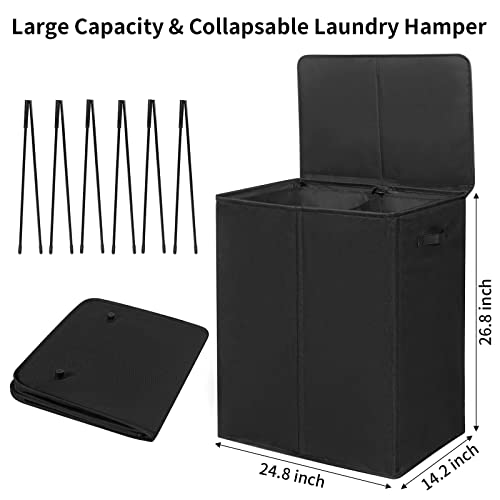 WOWLIVE 154L Double Laundry Hamper 2 Section with Lid and Removable Bags | Divided Laundry Basket, Large Dirty Clothes Hamper with Handle, Collapsible Laundry Storage for Dorm Room, College, Black