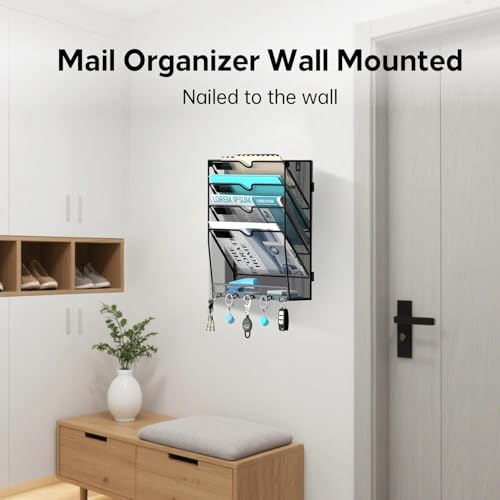 5-Tier Wall File Organizer and Mail Organizer with 5 Hooks, Black | Label slots, curved openings, 5 key hooks, and a bottom tray support organized mail, file, and everyday item storage.