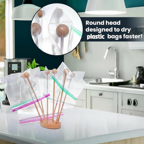 Beech Wood Plastic Bag Drying Rack | Reusable Dryer Holder Rack for Ziplock Bags, Gloves, and Bottles | Easy Assembly with 8 Removable Dowels | Durable and Space-Saving Design for Kitchens