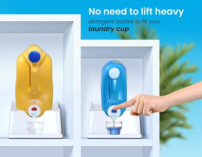 Liquid Laundry Detergent Holder Stand with Drip Tray - 1 Pack - White | Easy Pouring, Rubber Feet, Secure Strap, Angled Stand, Fabric Softener Dispenser for Laundry Room Organization & Storage