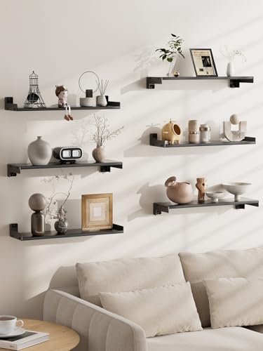 Floating Shelves for Wall, Shelves for Decor Storage Set of 6, Wall Mounted Wood Shelf for Bedroom, Living Room, Bathroom, Kitchen,Long Picture Ledge Shelves.(Black)