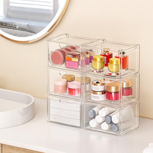 6-Pack Stackable Acrylic Storage Drawers, Small | Smooth-glide drawers, stackable, clear body, dustproof, wipe clean, 6 small, for art tools, makeup, under sink, pantry