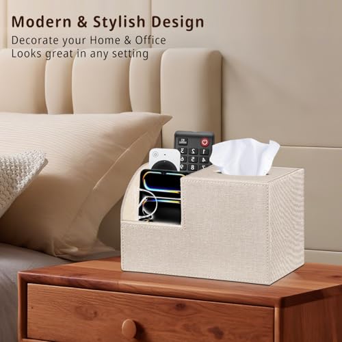 PU Leather Square Tissue Box Cover - Multi-Functional Tissue Box Holder | Tissue Box Cover with Storage,Tissue and Remote Control Holder/Caddy,Cube Tissue Box Organizer Bedroom Nightstand End Table