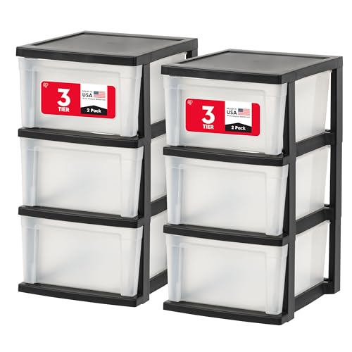 IRIS USA 3-Drawer Slim Narrow Storage Organizer, 2-Pack, Black/Clear | Organize craft supplies, school essentials, beauty items, and small household accessories with compact drawer storage