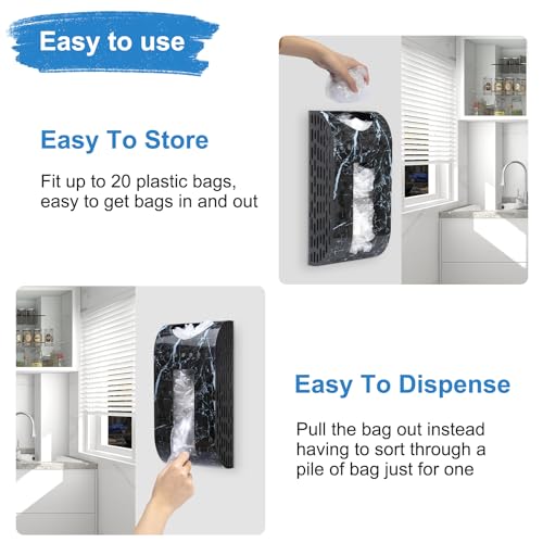 Black Plastic Bag Holder, Wall Mounted Grocery Bag Dispenser | Space-Saving Design, Easy Wall-Mount, Cabinet, Door Installation, Quick Bag Access and Dispenser, Marble-Look Effect