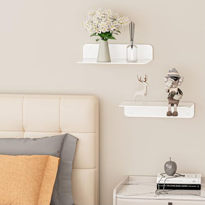 Adhesive Small Wall Shelf 2 Pack, Metal Floating Shelves, 9x4.9 | Rust-proof Aluminum, Piano White Finish, Cable Hole, No Drill，Display Ledges for Living Room Gaming Room Bedroom Bathroom