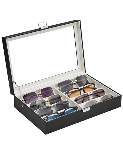 ProCase 8/16 Slots Sunglasses Organizer Box with Clear Glass Lid & Lock, PU Glasses Storage Display Case with Tilted Dividers