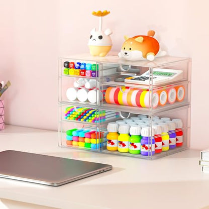 4-Pack 22-Drawer Acrylic Storage & Makeup Organizer for Desk | Smooth-glide drawers, clear acrylic, stackable, dustproof, wipe clean, for office supplies, pens, paper clips, thumb drives