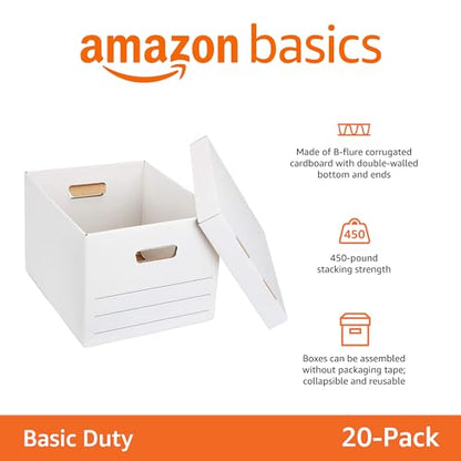 Amazon Basics Storage/Filing Boxes with Lift-Off Lid, Letter/Legal Size, Collapsible, Tape-Free Assembly, White, 16.2" L x 12.5" W x 10.5" H, 20-Pack