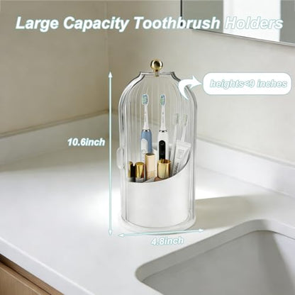 Bathroom Toothbrush Holder Organizer, 360° Rotating Toothbrush Storage Caddy with Dustproof Cover, Countertop Toothpaste Holder for Electric Toothbrushes, Makeup Brushes
