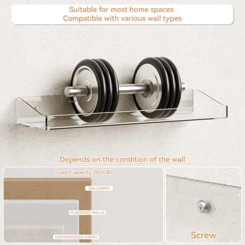 Clear Acrylic Shelves for Wall with Adhesive,6 PCS 15" No Drill Floating Shelves for Bedroom,Bathroom,Wall Display Shelf for Funko Pop,Lego,Collectibles,Action Figures,Nail Polish,Perfume Shelf