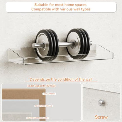 Clear Acrylic Shelves for Wall with Adhesive,6 PCS 15" No Drill Floating Shelves for Bedroom,Bathroom,Wall Display Shelf for Funko Pop,Lego,Collectibles,Action Figures,Nail Polish,Perfume Shelf