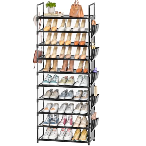Tall Shoe Rack - 10 Tier Shoe Organizer 30-35 Pairs Boot Storage | with 5 Hooks, Pocket & Sturdy Large Vertical Shoe Shelf Stand Tower, Closet, Entryway, Bedroom, Garage, Free Standing