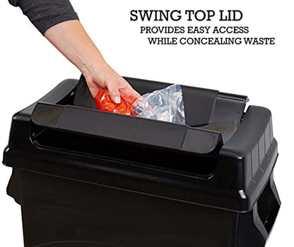 United Solutions Highboy Waste Container with Swing Lid, 23 Gallon, Space Saving Slim Profile and Simple Bag Removal, Handles for Easy Carrying, Indoor/Outdoor Use, Plastic, Black, 1-Pack.
