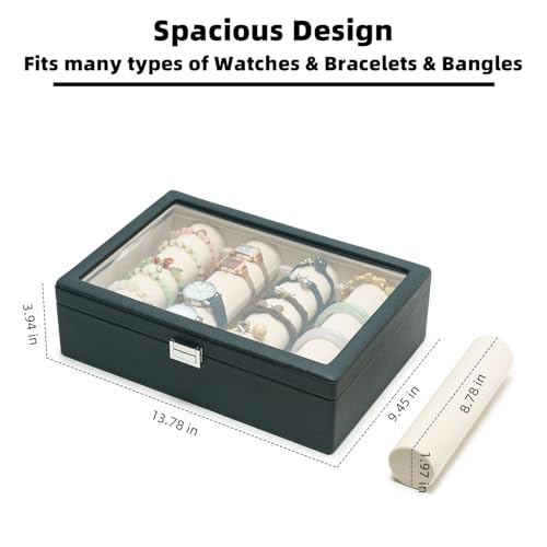 Bracelets Organizer Rods Bangles Display Holder, Clear See through Lid Leather Velvet Jewelry Storage Box Case for Women, 4 Rods Black Leather