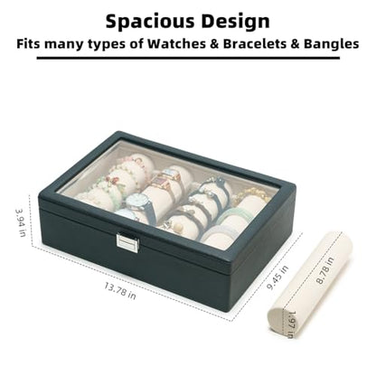 Bracelets Organizer Rods Bangles Display Holder, Clear See through Lid Leather Velvet Jewelry Storage Box Case for Women, 4 Rods Black Leather