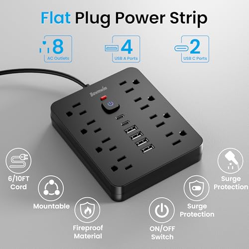 Surge Protector Power Strip, 8 Outlets(1850W/15A/14AWG), 6 USB Charging Ports(2 USB C), 6FT Flat Plug Extension Cord Outlet Extender with Overload Protection, ETL Certified for Office