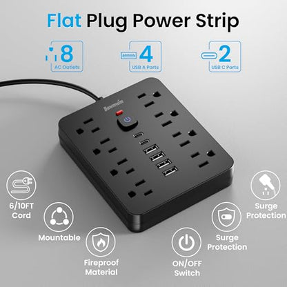 Surge Protector Power Strip, 8 Outlets(1850W/15A/14AWG), 6 USB Charging Ports(2 USB C), 6FT Flat Plug Extension Cord Outlet Extender with Overload Protection, ETL Certified for Office
