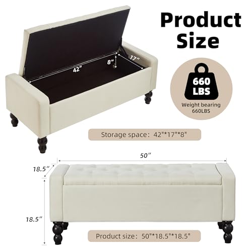 50" W Storage Ottoman Bench with Safety Hinge, Load up to 660 lb Ottoman with Storage, Upholstered Tufted Entryway Bench with Seating for Living Room, Bedroom, (Beige)