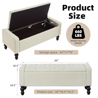 50" W Storage Ottoman Bench with Safety Hinge, Load up to 660 lb Ottoman with Storage, Upholstered Tufted Entryway Bench with Seating for Living Room, Bedroom, (Beige)