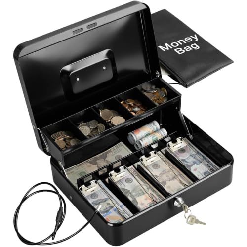 KYODOLED Metal Cash Box with Key Lock, Anti-Theft Cable & Waterproof Pouch | Heavy Duty 0.7mm Steel, Windproof Bill Clips, Hidden Compartment, for Flea Market Vendors & Small Business, 11.8", Black