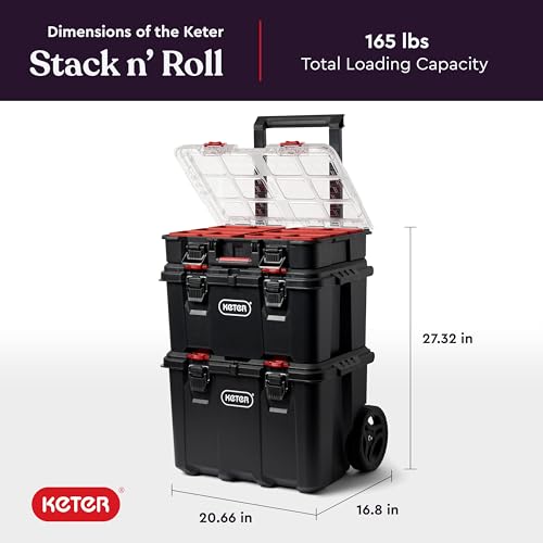 Keter Stack N Rolling Tool Box Modular Storage System 3 Piece | Black and Red, Heavy Duty, Weatherproof, All Terrain Wheels, Durable, Easy to Use, Telescoping Handle