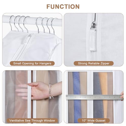 43" Premium Cotton Garment Bag for Hanging Clothes, Breathable Suit Bags for Closet Storage with Extre Large 10" Gusseted & Clear Window, Dust Cover with Zipper for Suits, Jacket, 3 Pack