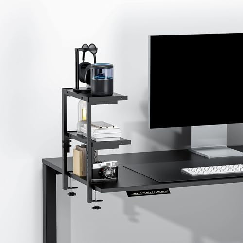 2 Tier Clamp on Desk Shelf | Office Desk Shelves Organizer, Wood Desktop Supplies Storage Rack, Desk Organizers and Accessories (Black)
