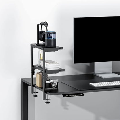 2 Tier Clamp on Desk Shelf | Office Desk Shelves Organizer, Wood Desktop Supplies Storage Rack, Desk Organizers and Accessories (Black)