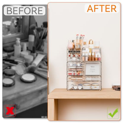 3 Pack Clear Makeup Organizer Countertop for Dresser,Vanity and Bathroom Counter Organizer,Tiered Stackable Makeup Acrylic Organizers with 9 Drawer for Skincare,Brush and Make up Holders