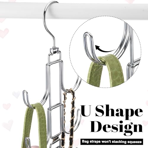4 Pack Purse Organizer for Closet, Purse Hanger with 10 Big Hooks, 360 Degree Rotation Bag Holder for Organizer Display, Foldable Space Saving Hangers Rack for Handbag, Belt, Scarve, Tie