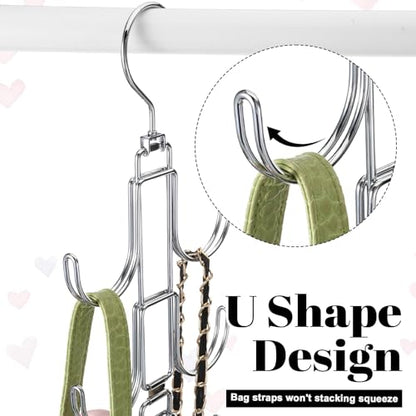 4 Pack Purse Organizer for Closet, Purse Hanger with 10 Big Hooks, 360 Degree Rotation Bag Holder for Organizer Display, Foldable Space Saving Hangers Rack for Handbag, Belt, Scarve, Tie