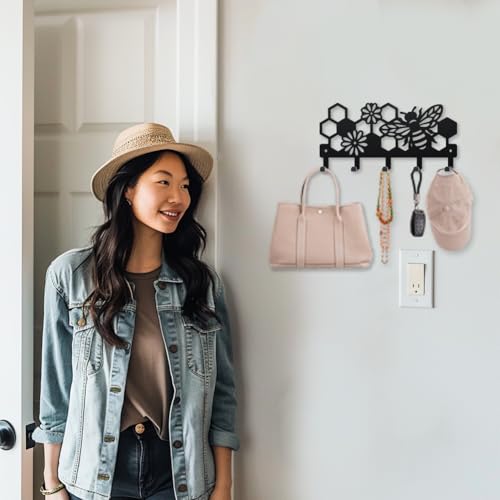 MAYJOYDIY Bee Beehive Metal Key Hook Honey Bee Flowers Coat Rack Wall Mounted 9.8×4.7inch Honeycomb Insect Black Art Key Holder with 5 Hooks for Gift Kitchen Bathroom Clothes Storage