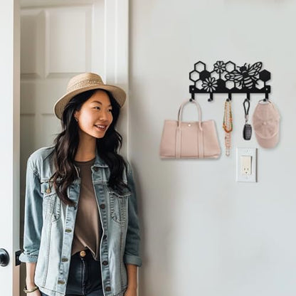 MAYJOYDIY Bee Beehive Metal Key Hook Honey Bee Flowers Coat Rack Wall Mounted 9.8×4.7inch Honeycomb Insect Black Art Key Holder with 5 Hooks for Gift Kitchen Bathroom Clothes Storage