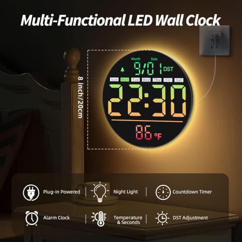 Maxstar Led Digital Wall Clock RGB, Battery Operated, Living Room Decor | 5-Level Brightness Digital Clock: Timer, Sec, Temp, Date, Auto DST, Nightlight, Alarm, Ideal for Class, Bed, Garage, Gym