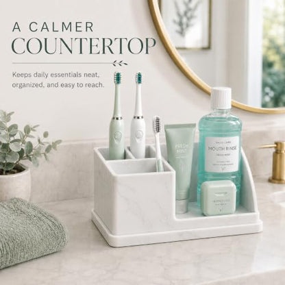 Silicone Bathroom Counter Organizer, Toothbrush Holder with Drainage Tray | 4 Slots Bathroom Countertop Storage Organizer Caddy, Toothpaste And Electric Tooth Brush Holder for Sink Vanity, White Marble