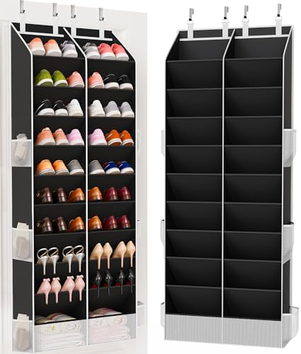Over the Door Shoe Organizer, 20-30 Pairs Heavy-Duty Hanging Shoe Storage with Large Pockets, 10-Tier Door Shoe Rack with 4 Hooks for Sneakers Sandals Heels Boots (Black)