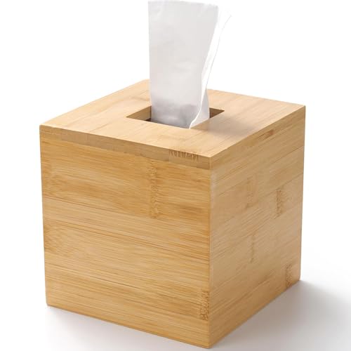 Bamboo Tissue Box Cover, Square Wood Tissue Box Holder, Wooden Facial Paper Holder for Bathroom, Bedroom, Dinner Table, Office (Square - 1 Pack)