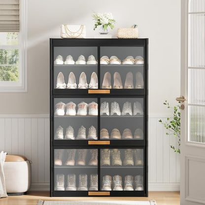 7 Tier Shoe Cabinet with Doors, 24-Pair Storage, Black | Tall design saves floor space. Transparent doors for quick find. Adjustable layers for boots. Waterproof & easy wipe.