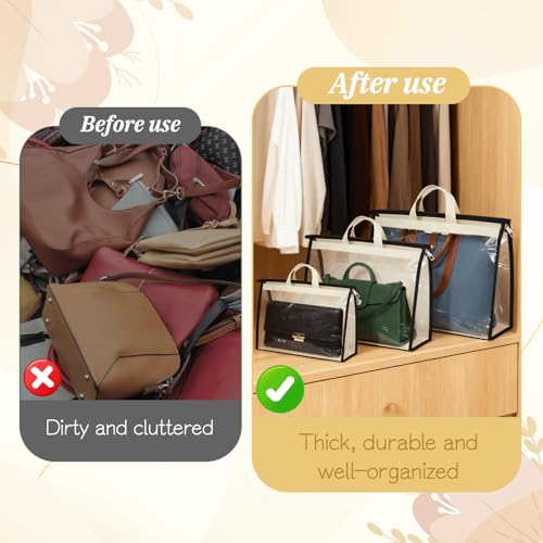 SHENLIU 15 Pack Dust Bags for Handbags, 3 Sizes Clear Handbag Storage Organizer for Closet, Purse Protector Storage Bag with Zipper and Handle, Hanging Dust Cover Bag for Handbag