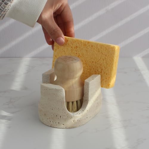 Natural Travertine Marble 2-Slot Sponge Holder for Kitchen Counter, 2-in-1 Stone Drying Rack, Sponge Caddy for Sink Organizer - Beige Travertine