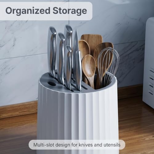 360° Rotating Knife and Utensil Holder, Kitchen Co... (White & Gray | Plastic)