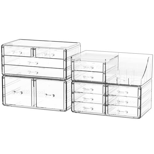 Cq acrylic Make Up Organizers for Vanity With 14 Drawers, 4 Pack Clear Drawer Organizers,Plastic Cute Desk Accessories Organization and Bathroom Organizers Storage Case Box Cube for Beauty,Skin Care