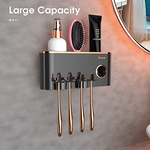 iHave Toothbrush Holders for Bathrooms Wall Mounted with Dispenser & 2 Cups | 6 Slots Wall Mount Toothbrush Holders for Bathrooms with Squeeze Toothpaste Dispenser, 2 Cups & 2 Compartments Organizer