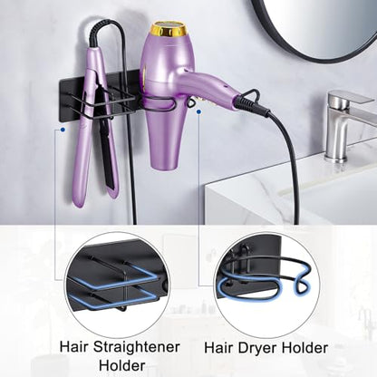 Hair Dryer and Straightener Holder Wall Mounted, Self Adhesive Blow Dryer and Flat Iron Storage Hair Tool Organizer for Bathroom Vanity (Black)