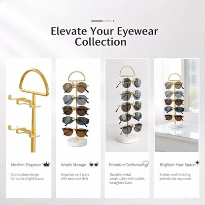 Sunglasses Stand for Countertop - Gold Eyeglass Holder, Vertical Sunglasses Organizer for 5 Pairs, Tabletop Eyewear Display for Bedroom Entryway Office (Gold, Wood Base - 1pc)