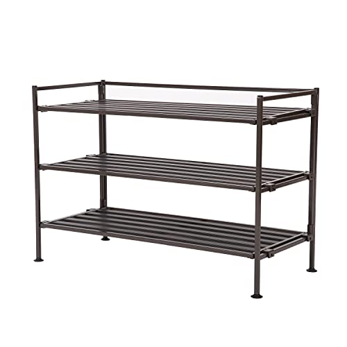 3-Tier Stackable 1" Slat Steel Frame Shoe Rack, 27.25"W x 12.75"D, Espresso | Interlocking modular design maximizes storage while the sturdy steel frame holds up to 12 pairs of shoes (Patented Design)